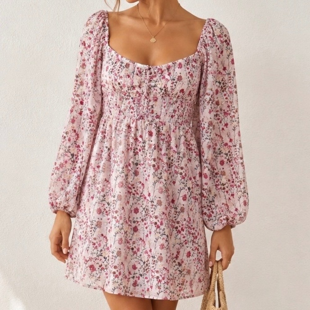 Wilfred Aritzia Smocked Floral Mini Dress Pink Long Sleeve Square Neck Size 14